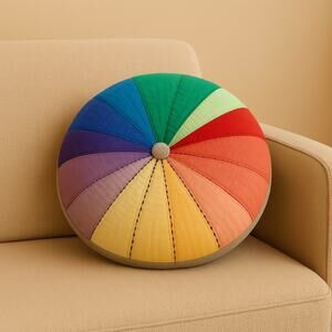 Handmade Rainbow Quilt Pillow Round Color Wheel Cushion Patch Boho Cottagecore